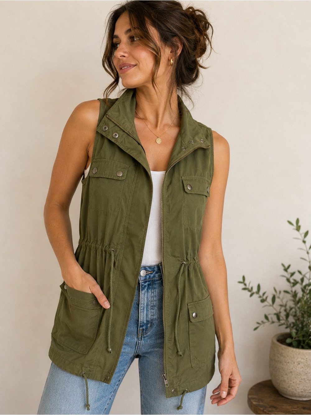 🍃 entro Olive Utility Vest Drawstring Waist Cargo Safari Lightweight Small 🍃